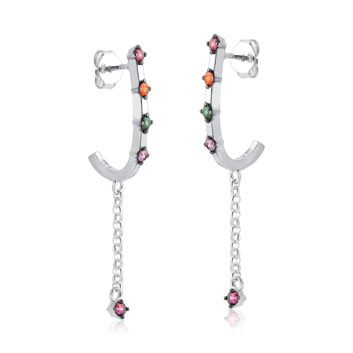 Brinco gancho com corrente e zircônias